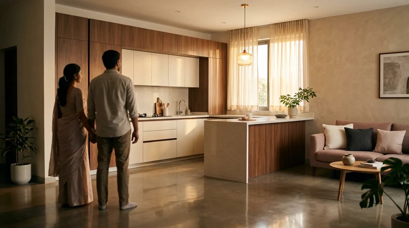 A couple standing hand in hand in warm evening light, admiring their newly finished walnut and ivory modular kitchen