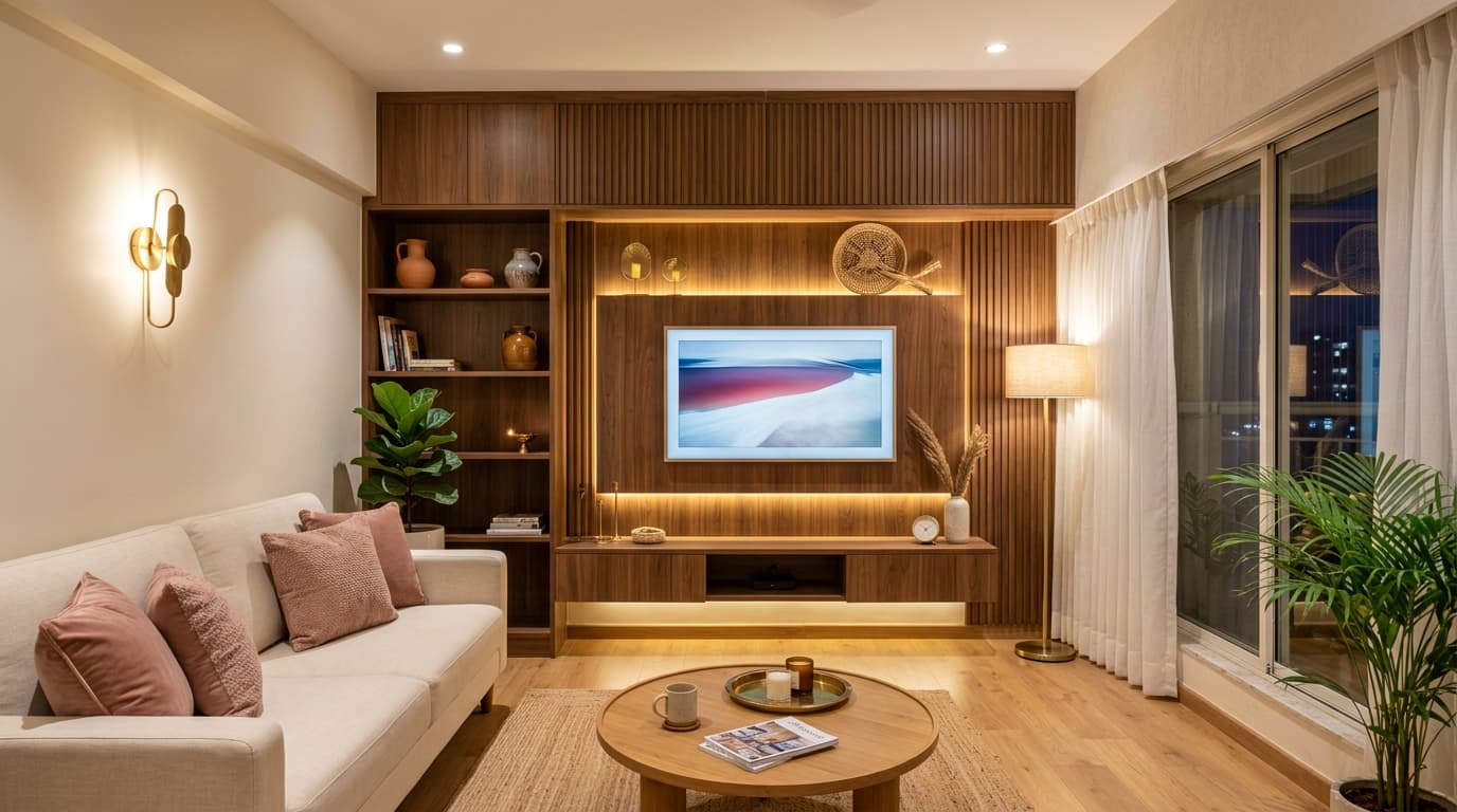 The finished living room with a warm walnut TV unit wall