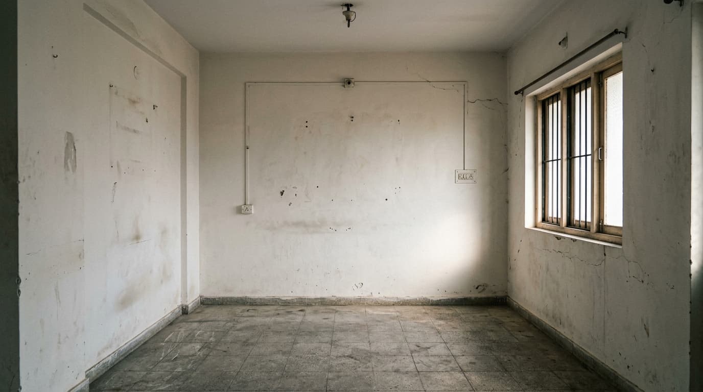 The same living room before the renovation, empty and bare