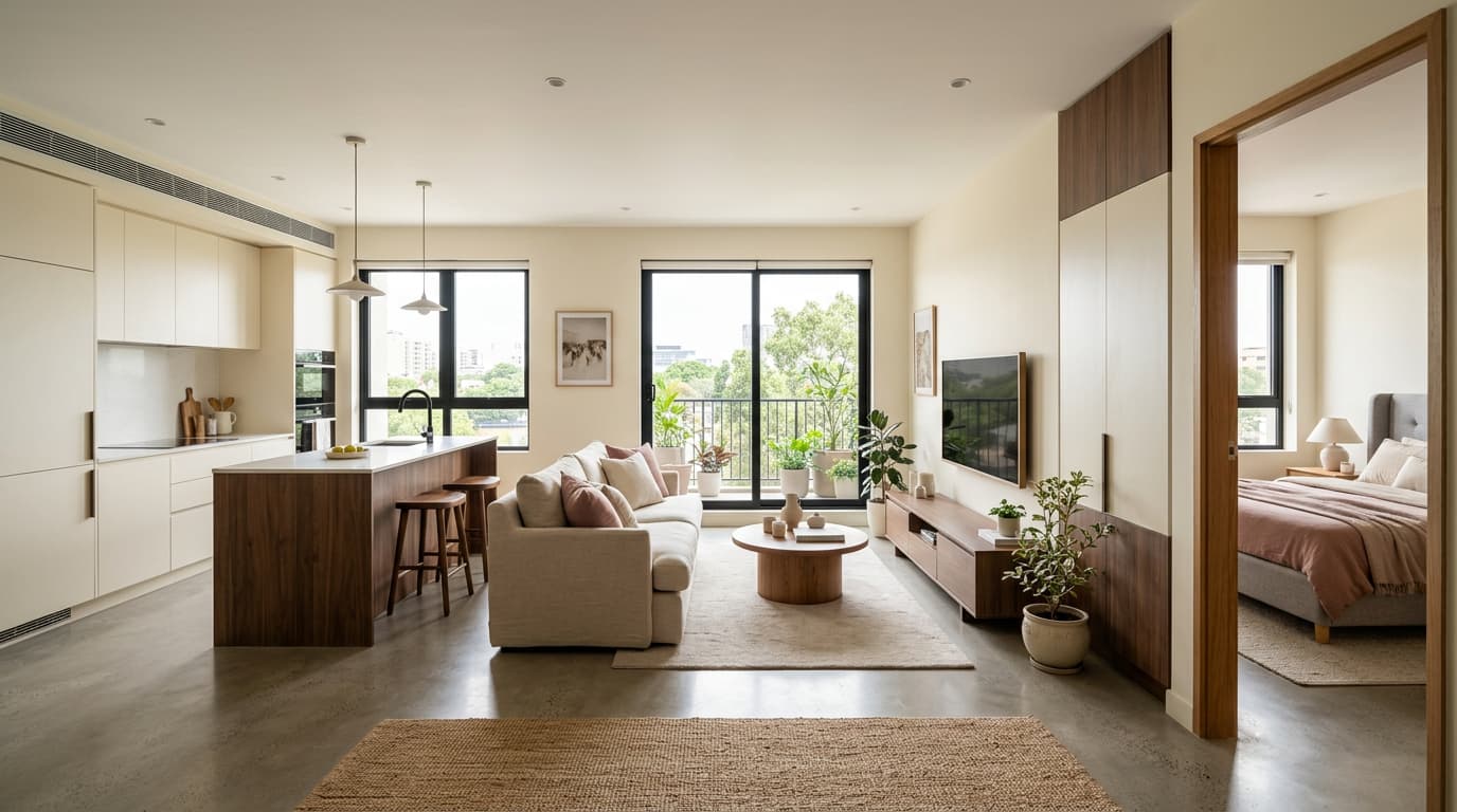 A bright open-plan home interior with a modular kitchen and living space