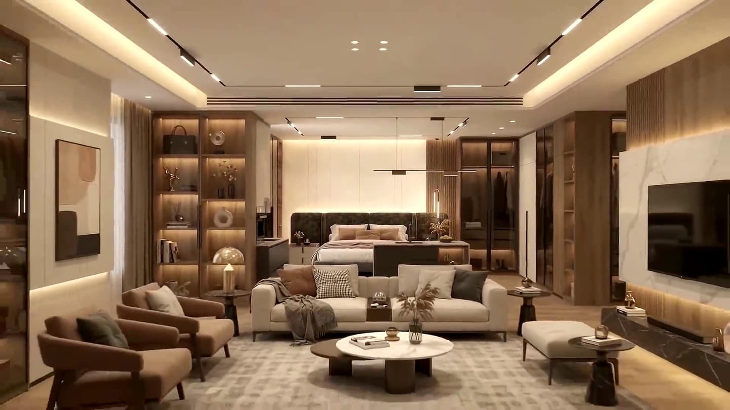 A warm, light-filled living room with timber cabinetry