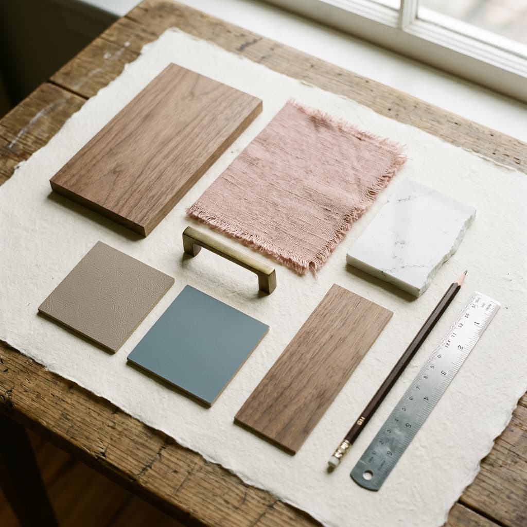 A material moodboard with walnut, linen, brass and quartz samples