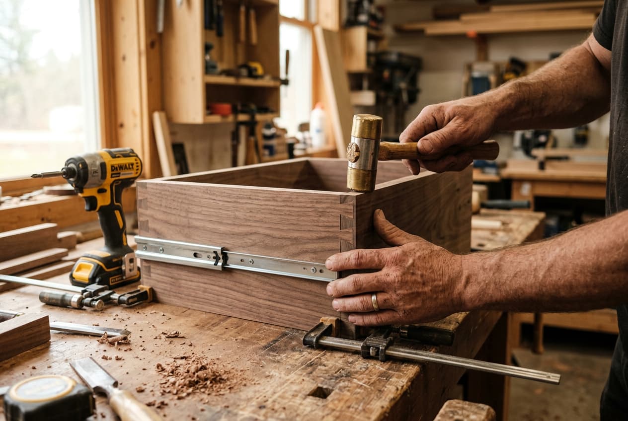 A craftsman's hands assembling a walnut drawer in the workshop