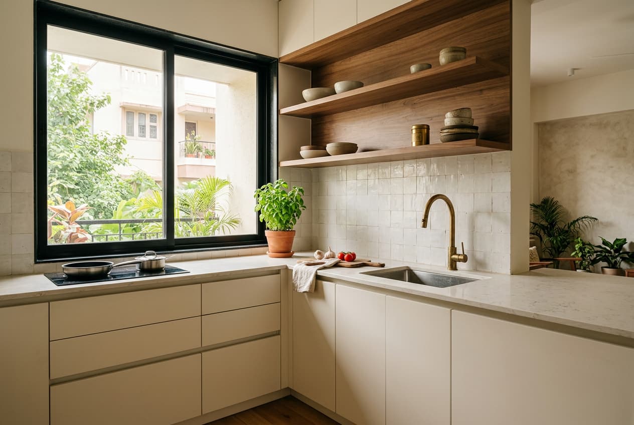 A warm, minimal modular kitchen with timber cabinetry