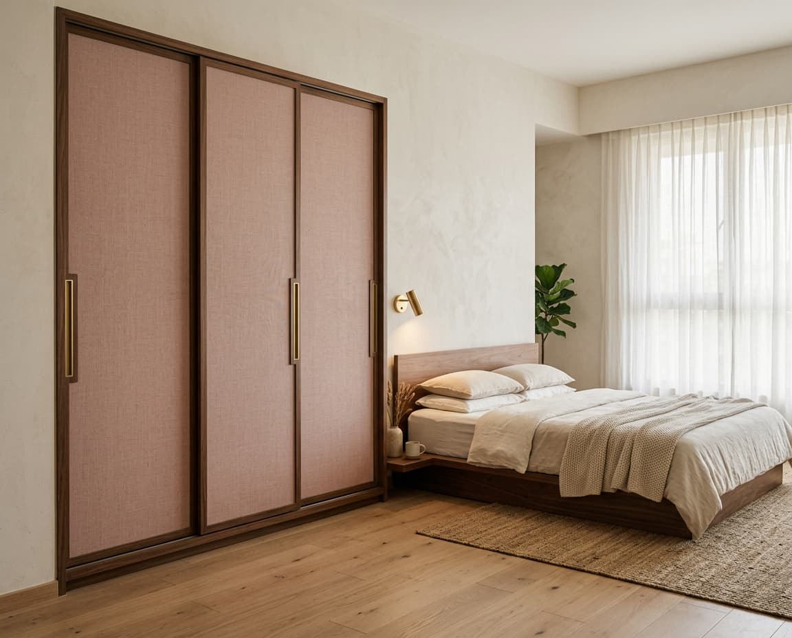A calm bedroom with a custom wardrobe and soft natural light